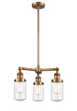 207-BB-G314 3-Light 17" Brushed Brass Chandelier - Seedy Dover Glass - LED Bulb - Dimmensions: 17 x 17 x 10.75<br>Minimum Height : 21.625<br>Maximum Height : 45.625 - Sloped Ceiling Compatible: Yes
