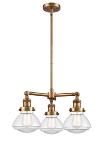 207-BB-G322 3-Light 18.75" Brushed Brass Chandelier - Clear Olean Glass - LED Bulb - Dimmensions: 18.75 x 18.75 x 10.75<br>Minimum Height : 20.125<br>Maximum Height : 44.125 - Sloped Ceiling Compatible: Yes