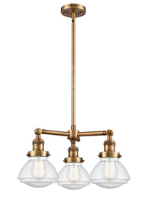 207-BB-G324 3-Light 18.75" Brushed Brass Chandelier - Seedy Olean Glass - LED Bulb - Dimmensions: 18.75 x 18.75 x 10.75<br>Minimum Height : 20.125<br>Maximum Height : 44.125 - Sloped Ceiling Compatible: Yes