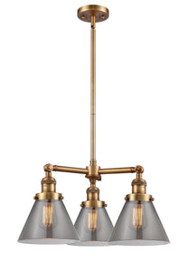 207-BB-G43 3-Light 22" Brushed Brass Chandelier - Plated Smoke Large Cone Glass - LED Bulb - Dimmensions: 22 x 22 x 13<br>Minimum Height : 21.125<br>Maximum Height : 45.125 - Sloped Ceiling Compatible: Yes