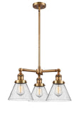 207-BB-G44 3-Light 22" Brushed Brass Chandelier - Seedy Large Cone Glass - LED Bulb - Dimmensions: 22 x 22 x 13<br>Minimum Height : 21.125<br>Maximum Height : 45.125 - Sloped Ceiling Compatible: Yes