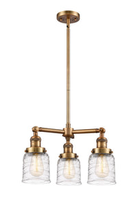 207-BB-G513 3-Light 19" Brushed Brass Chandelier - Clear Deco Swirl Small Bell Glass - LED Bulb - Dimmensions: 19 x 19 x 11<br>Minimum Height : 20.875<br>Maximum Height : 44.875 - Sloped Ceiling Compatible: Yes
