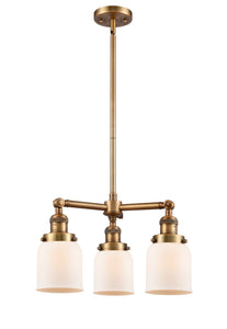 207-BB-G51 3-Light 19" Brushed Brass Chandelier - Matte White Cased Small Bell Glass - LED Bulb - Dimmensions: 19 x 19 x 11<br>Minimum Height : 20.875<br>Maximum Height : 44.875 - Sloped Ceiling Compatible: Yes