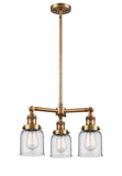 207-BB-G52 3-Light 19" Brushed Brass Chandelier - Clear Small Bell Glass - LED Bulb - Dimmensions: 19 x 19 x 11<br>Minimum Height : 20.875<br>Maximum Height : 44.875 - Sloped Ceiling Compatible: Yes