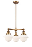 207-BB-G531 3-Light 20" Brushed Brass Chandelier - Matte White Cased Small Oxford Glass - LED Bulb - Dimmensions: 20 x 20 x 10<br>Minimum Height : 20.875<br>Maximum Height : 44.875 - Sloped Ceiling Compatible: Yes
