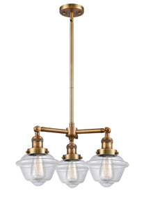207-BB-G532 3-Light 20" Brushed Brass Chandelier - Clear Small Oxford Glass - LED Bulb - Dimmensions: 20 x 20 x 10<br>Minimum Height : 20.875<br>Maximum Height : 44.875 - Sloped Ceiling Compatible: Yes
