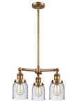 207-BB-G54 3-Light 19" Brushed Brass Chandelier - Seedy Small Bell Glass - LED Bulb - Dimmensions: 19 x 19 x 11<br>Minimum Height : 20.875<br>Maximum Height : 44.875 - Sloped Ceiling Compatible: Yes