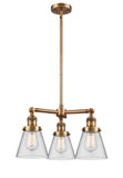 207-BB-G62 3-Light 19" Brushed Brass Chandelier - Clear Small Cone Glass - LED Bulb - Dimmensions: 19 x 19 x 11<br>Minimum Height : 20.875<br>Maximum Height : 44.875 - Sloped Ceiling Compatible: Yes