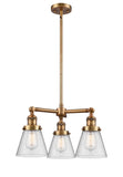 207-BB-G64 3-Light 19" Brushed Brass Chandelier - Seedy Small Cone Glass - LED Bulb - Dimmensions: 19 x 19 x 11<br>Minimum Height : 20.875<br>Maximum Height : 44.875 - Sloped Ceiling Compatible: Yes