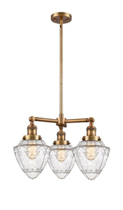 207-BB-G664-7 3-Light 20" Brushed Brass Chandelier - Seedy Small Bullet Glass - LED Bulb - Dimmensions: 20 x 20 x 17<br>Minimum Height : 26<br>Maximum Height : 50 - Sloped Ceiling Compatible: Yes