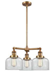207-BB-G72 3-Light 22" Brushed Brass Chandelier - Clear Large Bell Glass - LED Bulb - Dimmensions: 22 x 22 x 11<br>Minimum Height : 20.875<br>Maximum Height : 44.875 - Sloped Ceiling Compatible: Yes