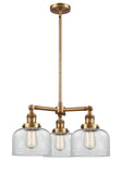 207-BB-G72 3-Light 22" Brushed Brass Chandelier - Clear Large Bell Glass - LED Bulb - Dimmensions: 22 x 22 x 11<br>Minimum Height : 20.875<br>Maximum Height : 44.875 - Sloped Ceiling Compatible: Yes