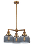 207-BB-G73 3-Light 22" Brushed Brass Chandelier - Plated Smoke Large Bell Glass - LED Bulb - Dimmensions: 22 x 22 x 11<br>Minimum Height : 20.875<br>Maximum Height : 44.875 - Sloped Ceiling Compatible: Yes