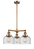 207-BB-G74 3-Light 22" Brushed Brass Chandelier - Seedy Large Bell Glass - LED Bulb - Dimmensions: 22 x 22 x 11<br>Minimum Height : 20.875<br>Maximum Height : 44.875 - Sloped Ceiling Compatible: Yes
