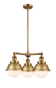 207-BB-HFS-61-BB 3-Light 20.375" Brushed Brass Chandelier - Matte White Hampden Glass - LED Bulb - Dimmensions: 20.375 x 20.375 x 12.25<br>Minimum Height : 21.25<br>Maximum Height : 45.25 - Sloped Ceiling Compatible: Yes