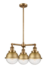 207-BB-HFS-64-BB 3-Light 20.375" Brushed Brass Chandelier - Seedy Hampden Glass - LED Bulb - Dimmensions: 20.375 x 20.375 x 12.25<br>Minimum Height : 21.25<br>Maximum Height : 45.25 - Sloped Ceiling Compatible: Yes