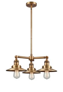 3-Light 19" Brushed Brass Chandelier - Brushed Brass Railroad Metal Shade - LED Bulbs