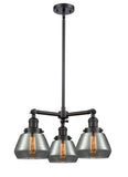 207-BK-G173 3-Light 22" Matte Black Chandelier - Plated Smoke Fulton Glass - LED Bulb - Dimmensions: 22 x 22 x 13<br>Minimum Height : 20.375<br>Maximum Height : 44.375 - Sloped Ceiling Compatible: Yes