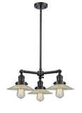 207-BK-G2 3-Light 21.625" Matte Black Chandelier - Clear Halophane Glass - LED Bulb - Dimmensions: 21.625 x 21.625 x 8<br>Minimum Height : 17.125<br>Maximum Height : 41.125 - Sloped Ceiling Compatible: Yes