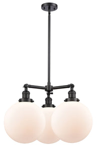 207-BK-G201-10 3-Light 24" Matte Black Chandelier - Matte White Cased Beacon Glass - LED Bulb - Dimmensions: 24 x 24 x 13.75<br>Minimum Height : 24.875<br>Maximum Height : 48.875 - Sloped Ceiling Compatible: Yes