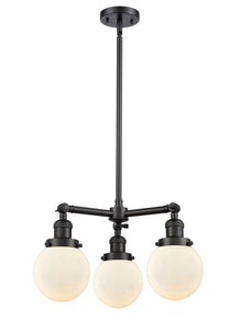 207-BK-G201-6 3-Light 19" Matte Black Chandelier - Matte White Cased Beacon Glass - LED Bulb - Dimmensions: 19 x 19 x 11<br>Minimum Height : 20.875<br>Maximum Height : 44.875 - Sloped Ceiling Compatible: Yes