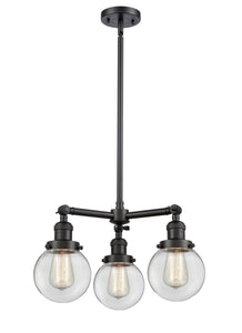 207-BK-G202-6 3-Light 19" Matte Black Chandelier - Clear Beacon Glass - LED Bulb - Dimmensions: 19 x 19 x 11<br>Minimum Height : 20.875<br>Maximum Height : 44.875 - Sloped Ceiling Compatible: Yes