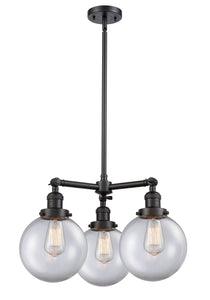 207-BK-G202-8 3-Light 22" Matte Black Chandelier - Clear Beacon Glass - LED Bulb - Dimmensions: 22 x 22 x 13.75<br>Minimum Height : 22.875<br>Maximum Height : 46.875 - Sloped Ceiling Compatible: Yes