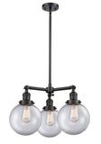 207-BK-G202-8 3-Light 22" Matte Black Chandelier - Clear Beacon Glass - LED Bulb - Dimmensions: 22 x 22 x 13.75<br>Minimum Height : 22.875<br>Maximum Height : 46.875 - Sloped Ceiling Compatible: Yes