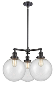 207-BK-G204-10 3-Light 24" Matte Black Chandelier - Seedy Beacon Glass - LED Bulb - Dimmensions: 24 x 24 x 13.75<br>Minimum Height : 24.875<br>Maximum Height : 48.875 - Sloped Ceiling Compatible: Yes