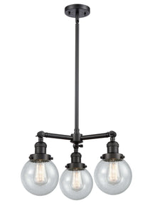 207-BK-G204-6 3-Light 19" Matte Black Chandelier - Seedy Beacon Glass - LED Bulb - Dimmensions: 19 x 19 x 11<br>Minimum Height : 20.875<br>Maximum Height : 44.875 - Sloped Ceiling Compatible: Yes