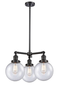 207-BK-G204-8 3-Light 22" Matte Black Chandelier - Seedy Beacon Glass - LED Bulb - Dimmensions: 22 x 22 x 13.75<br>Minimum Height : 22.875<br>Maximum Height : 46.875 - Sloped Ceiling Compatible: Yes