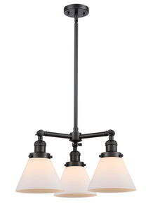 207-BK-G41 3-Light 22" Matte Black Chandelier - Matte White Cased Large Cone Glass - LED Bulb - Dimmensions: 22 x 22 x 13<br>Minimum Height : 21.125<br>Maximum Height : 45.125 - Sloped Ceiling Compatible: Yes