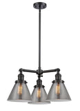 207-BK-G43 3-Light 22" Matte Black Chandelier - Plated Smoke Large Cone Glass - LED Bulb - Dimmensions: 22 x 22 x 13<br>Minimum Height : 21.125<br>Maximum Height : 45.125 - Sloped Ceiling Compatible: Yes