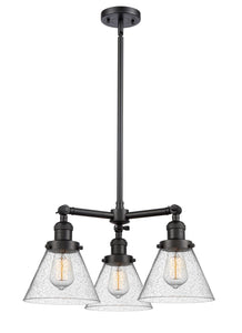 207-BK-G44 3-Light 22" Matte Black Chandelier - Seedy Large Cone Glass - LED Bulb - Dimmensions: 22 x 22 x 13<br>Minimum Height : 21.125<br>Maximum Height : 45.125 - Sloped Ceiling Compatible: Yes