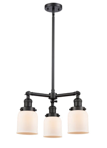 207-BK-G51 3-Light 19" Matte Black Chandelier - Matte White Cased Small Bell Glass - LED Bulb - Dimmensions: 19 x 19 x 11<br>Minimum Height : 20.875<br>Maximum Height : 44.875 - Sloped Ceiling Compatible: Yes