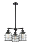 207-BK-G52-CE 3-Light 19" Matte Black Chandelier - Clear Small Bell Cage Glass - LED Bulb - Dimmensions: 19 x 19 x 10<br>Minimum Height : 21.375<br>Maximum Height : 45.375 - Sloped Ceiling Compatible: Yes