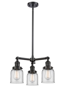 207-BK-G52 3-Light 19" Matte Black Chandelier - Clear Small Bell Glass - LED Bulb - Dimmensions: 19 x 19 x 11<br>Minimum Height : 20.875<br>Maximum Height : 44.875 - Sloped Ceiling Compatible: Yes