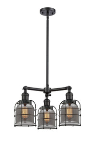 3-Light 19" Matte Black Chandelier - Plated Smoke Small Bell Cage Glass LED