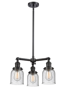 207-BK-G54 3-Light 19" Matte Black Chandelier - Seedy Small Bell Glass - LED Bulb - Dimmensions: 19 x 19 x 11<br>Minimum Height : 20.875<br>Maximum Height : 44.875 - Sloped Ceiling Compatible: Yes