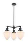207-BK-G661-7 3-Light 20" Matte Black Chandelier - Matte White Cased Small Bullet Glass - LED Bulb - Dimmensions: 20 x 20 x 17<br>Minimum Height : 26<br>Maximum Height : 50 - Sloped Ceiling Compatible: Yes