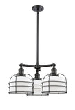 207-BK-G71-CE 3-Light 24" Matte Black Chandelier - Matte White Cased Large Bell Cage Glass - LED Bulb - Dimmensions: 24 x 24 x 17<br>Minimum Height : 21.375<br>Maximum Height : 45.375 - Sloped Ceiling Compatible: Yes