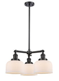 207-BK-G71 3-Light 22" Matte Black Chandelier - Matte White Cased Large Bell Glass - LED Bulb - Dimmensions: 22 x 22 x 11<br>Minimum Height : 20.875<br>Maximum Height : 44.875 - Sloped Ceiling Compatible: Yes