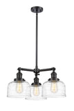 207-BK-G713 3-Light 22" Matte Black Chandelier - Clear Deco Swirl Large Bell Glass - LED Bulb - Dimmensions: 22 x 22 x 11<br>Minimum Height : 20.875<br>Maximum Height : 44.875 - Sloped Ceiling Compatible: Yes