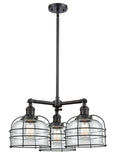 207-BK-G72-CE 3-Light 24" Matte Black Chandelier - Clear Large Bell Cage Glass - LED Bulb - Dimmensions: 24 x 24 x 17<br>Minimum Height : 21.375<br>Maximum Height : 45.375 - Sloped Ceiling Compatible: Yes