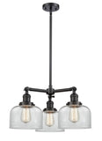 207-BK-G72 3-Light 22" Matte Black Chandelier - Clear Large Bell Glass - LED Bulb - Dimmensions: 22 x 22 x 11<br>Minimum Height : 20.875<br>Maximum Height : 44.875 - Sloped Ceiling Compatible: Yes