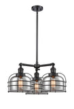207-BK-G73-CE 3-Light 24" Matte Black Chandelier - Plated Smoke Large Bell Cage Glass - LED Bulb - Dimmensions: 24 x 24 x 17<br>Minimum Height : 21.375<br>Maximum Height : 45.375 - Sloped Ceiling Compatible: Yes