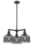 207-BK-G73 3-Light 22" Matte Black Chandelier - Plated Smoke Large Bell Glass - LED Bulb - Dimmensions: 22 x 22 x 11<br>Minimum Height : 20.875<br>Maximum Height : 44.875 - Sloped Ceiling Compatible: Yes