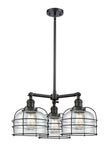207-BK-G74-CE 3-Light 24" Matte Black Chandelier - Seedy Large Bell Cage Glass - LED Bulb - Dimmensions: 24 x 24 x 17<br>Minimum Height : 21.375<br>Maximum Height : 45.375 - Sloped Ceiling Compatible: Yes