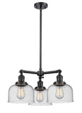 207-BK-G74 3-Light 22" Matte Black Chandelier - Seedy Large Bell Glass - LED Bulb - Dimmensions: 22 x 22 x 11<br>Minimum Height : 20.875<br>Maximum Height : 44.875 - Sloped Ceiling Compatible: Yes