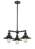 207-BK-M6 3-Light 19" Matte Black Chandelier - Matte Black Railroad Shade - LED Bulb - Dimmensions: 19 x 19 x 8<br>Minimum Height : 17.125<br>Maximum Height : 41.125 - Sloped Ceiling Compatible: Yes